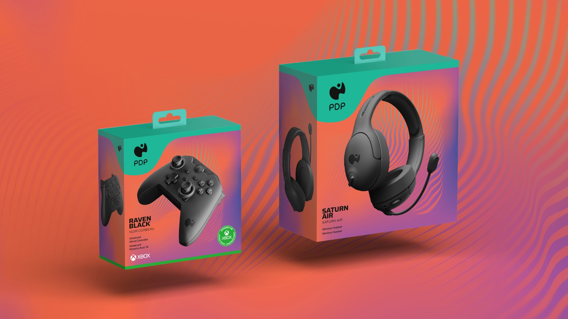 Feature of the front left angle of PDP packaging for the Raven black Xbox controller and the Saturn Air headset
