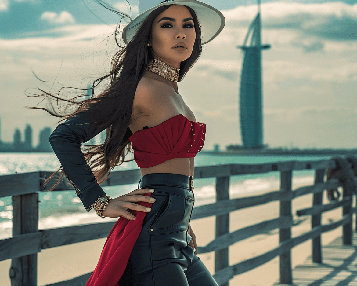 A fashionable woman with long dark hair is posing on a boardwalk by the beach, wearing a red strapless top, black leather pants, a white hat, and a gold choker. In the background, the iconic Burj Al Arab building is visible