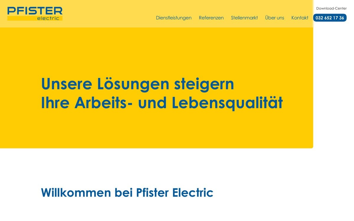 Startseite der Website von Pfister Electric