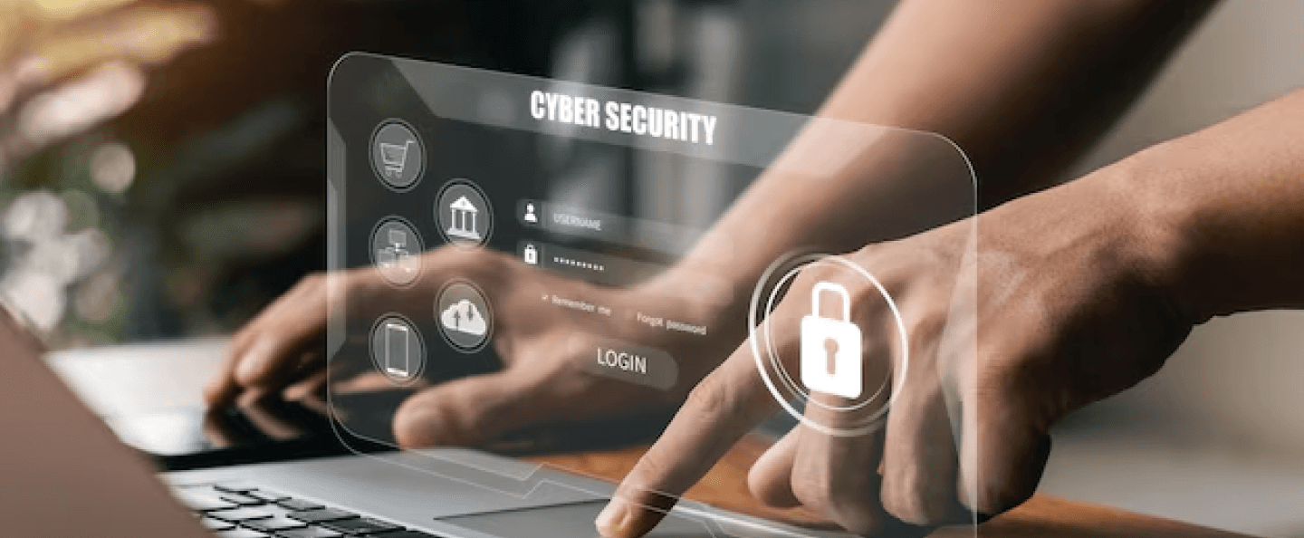 Developer typing on a laptop with a virtual overlay of 'Cyber Security,' a padlock, and icons, illustrating threats and prevention