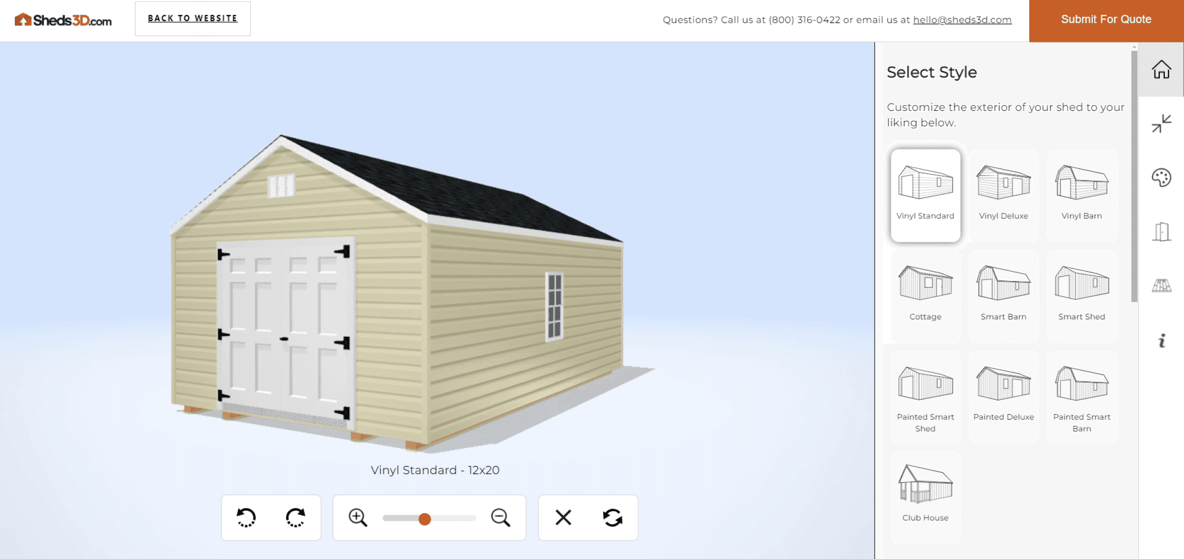 Sheds3D configurator displaying a 3D vinyl shed model with customizable style, size, and detailed specs