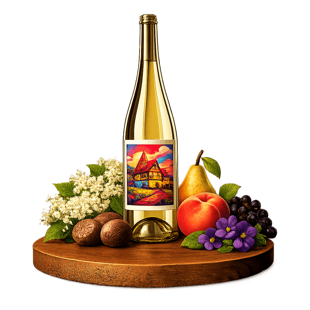 Artistic label and flavor profile for German Bacchus on a rustic wooden table.