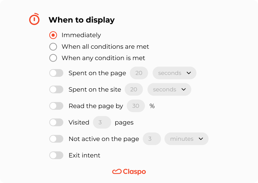 A screenshot of display rules settings for the Claspo popups