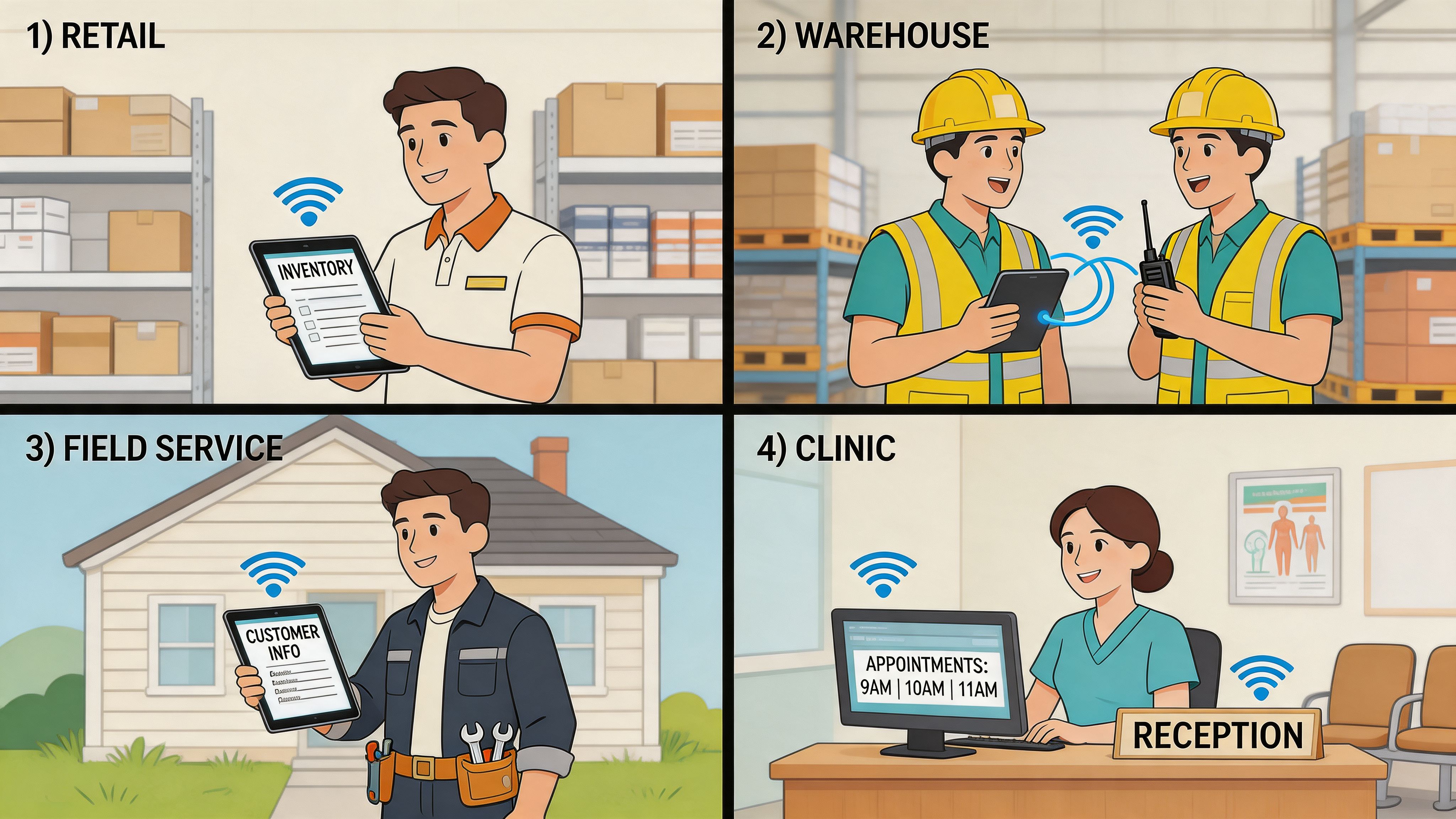 Four split panels illustrating unified communications in retail, warehouse, field service, and clinical healthcare environments.