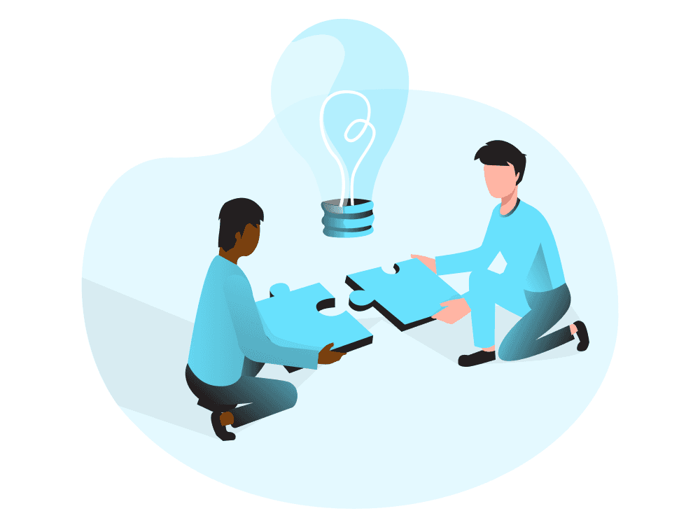 An illustration of two people working together on a puzzle. There is a lightbulb above the puzzle pieces.