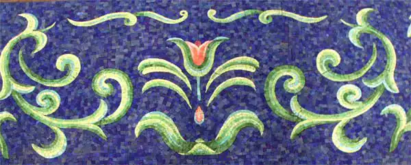 Tulip and Scroll mosaic border, Green and coral on violet, hand-cut — reference H-40, Mosaiclegs Art Studio