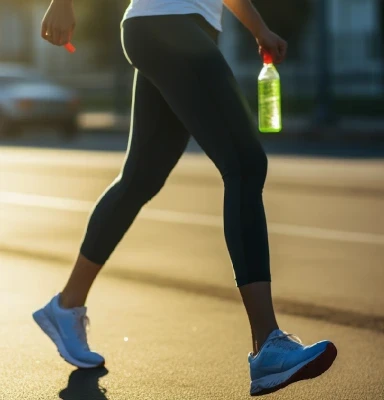 Woman running with a bottle of water