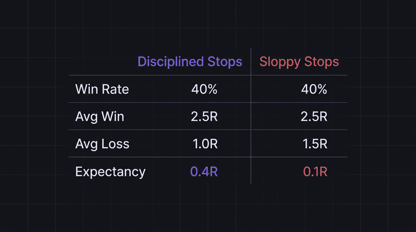 Comparison table showing expectancy calculation with 1R average loss versus 1.5R average loss