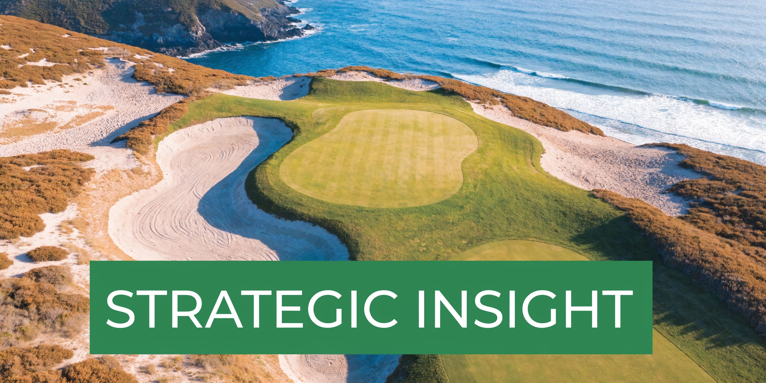 An aerial view of a scenic coastal golf course hole featuring a sand bunker and ocean waves.