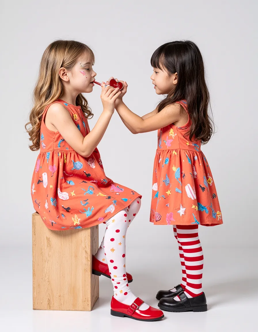 Two children in matching coral dresses with sea motifs, wearing contrasting tights - one with polka dots, one with stripes, sharing a moment