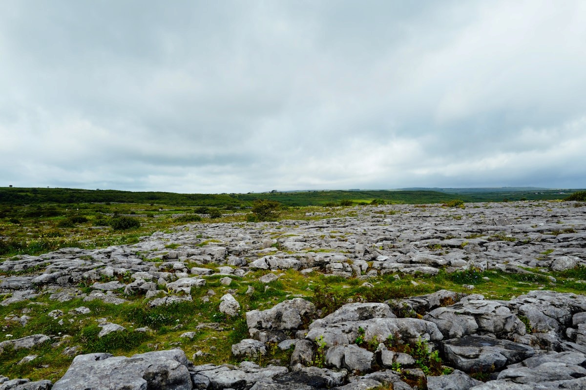 Rocky landscape with green grass under cloudy sky