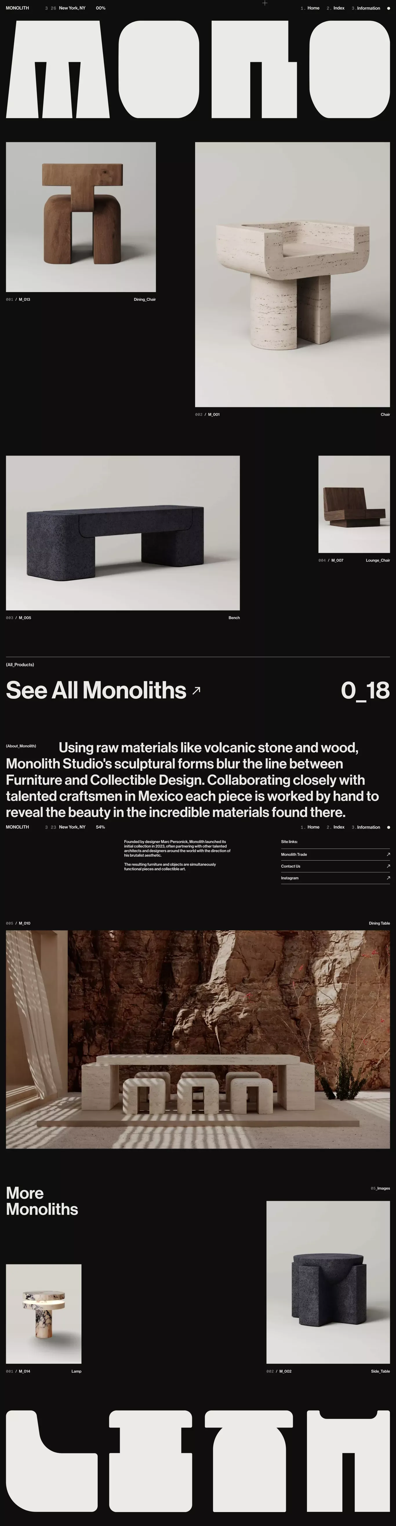 Monolith / Collectible Furniture and Obj portfolio page screenshot showcasing Design and Ecommerce design