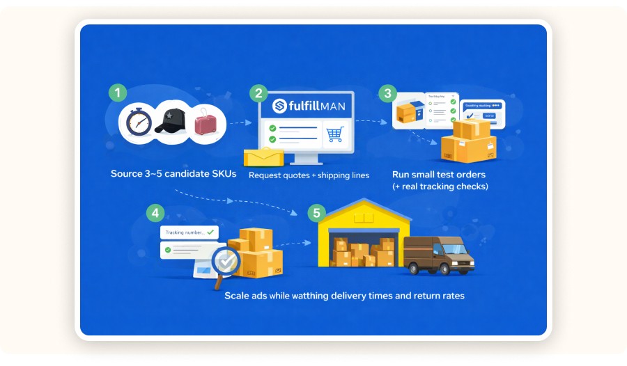 Step-by-step fulfillment workflow with sourcing, testing, warehouse, and shipping process