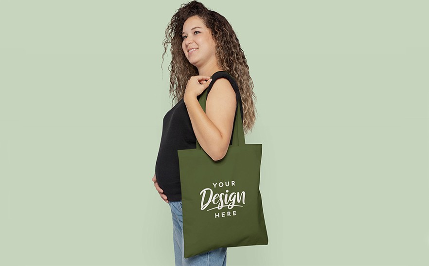 mockup of a pregnant woman with a tote bag