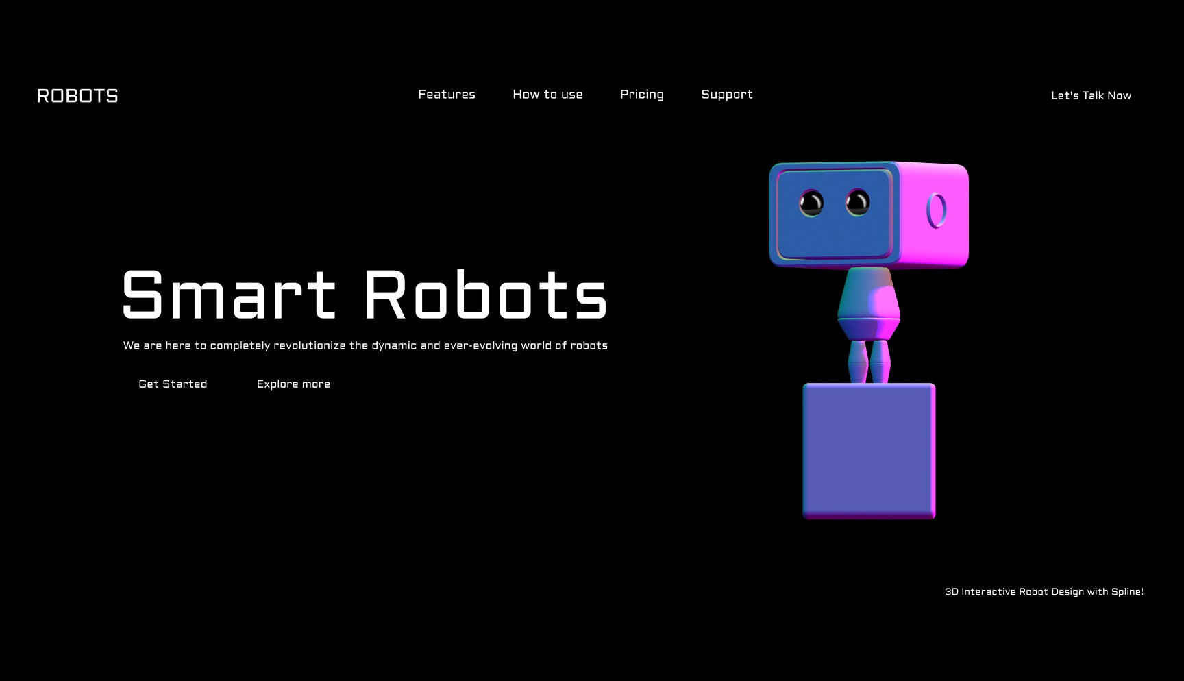 Dark-themed website hero section titled “Smart Robots” featuring an interactive 3D robot that follows cursor movement, showcasing a real-time WebGL/Spline 3D web experience.