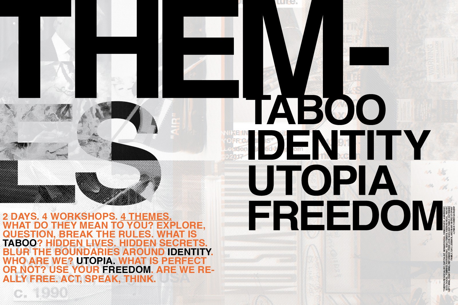 A promotional poster featuring bold black text "CREATE-AGIT-ZINE" with layered typography, alongside white space containing text about a workshop encouraging unique perspective and creative skills, designed in collaboration with Nike Inc. and Virgil Abloh.