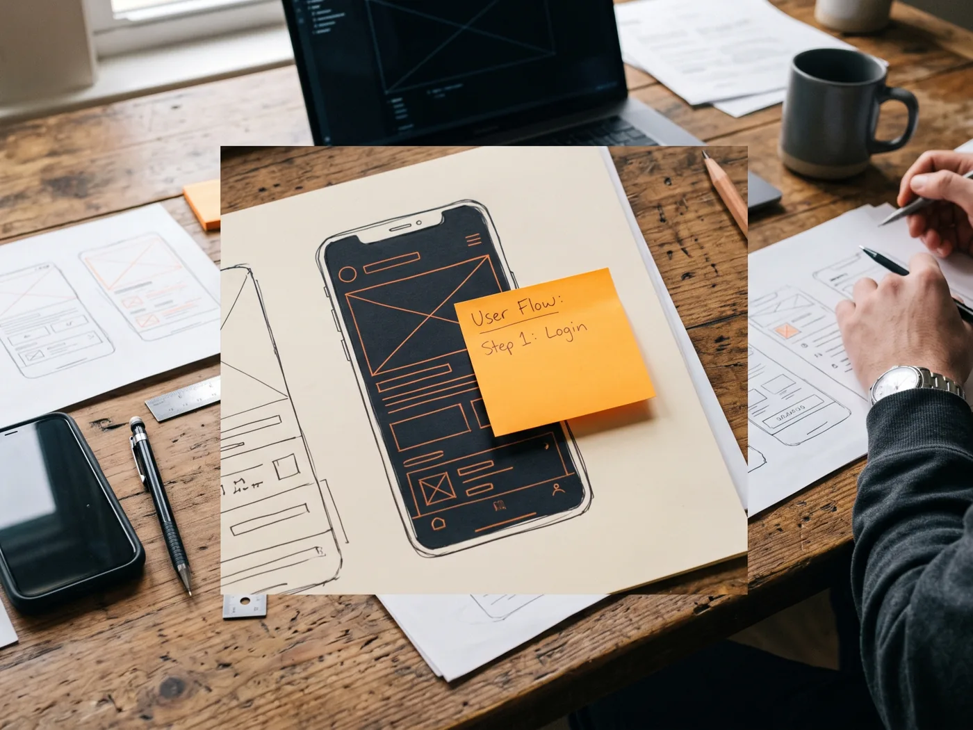 Phone wireframe sketches on paper and a hand with a pen