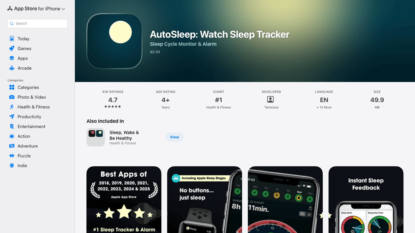 AutoSleep Watch sleep tracker App Store page