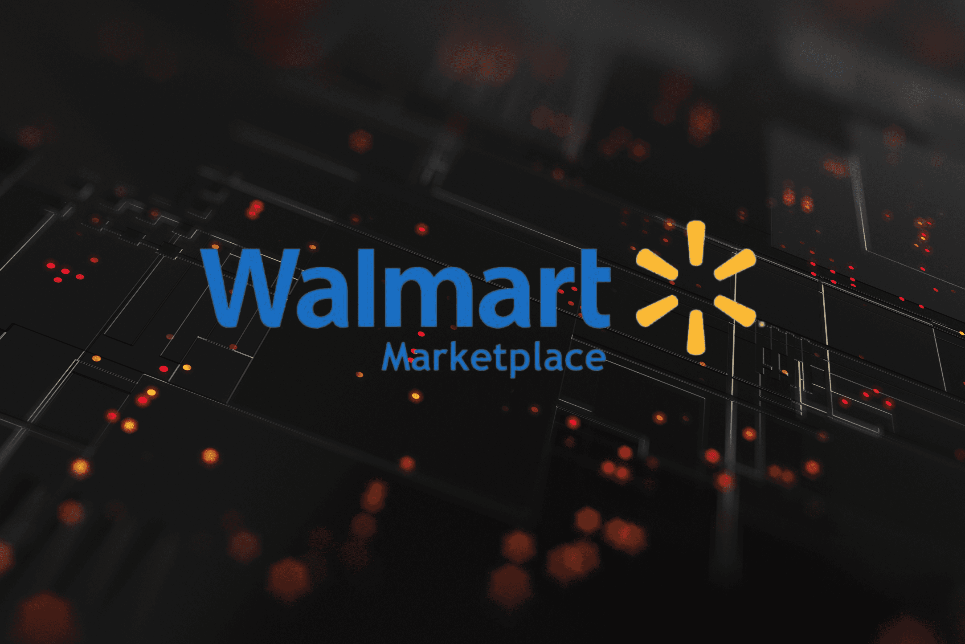 Walmart Marketplace logo over a dark digital network background with glowing data points, representing marketplace connectivity, technology integration, and digital commerce infrastructure.