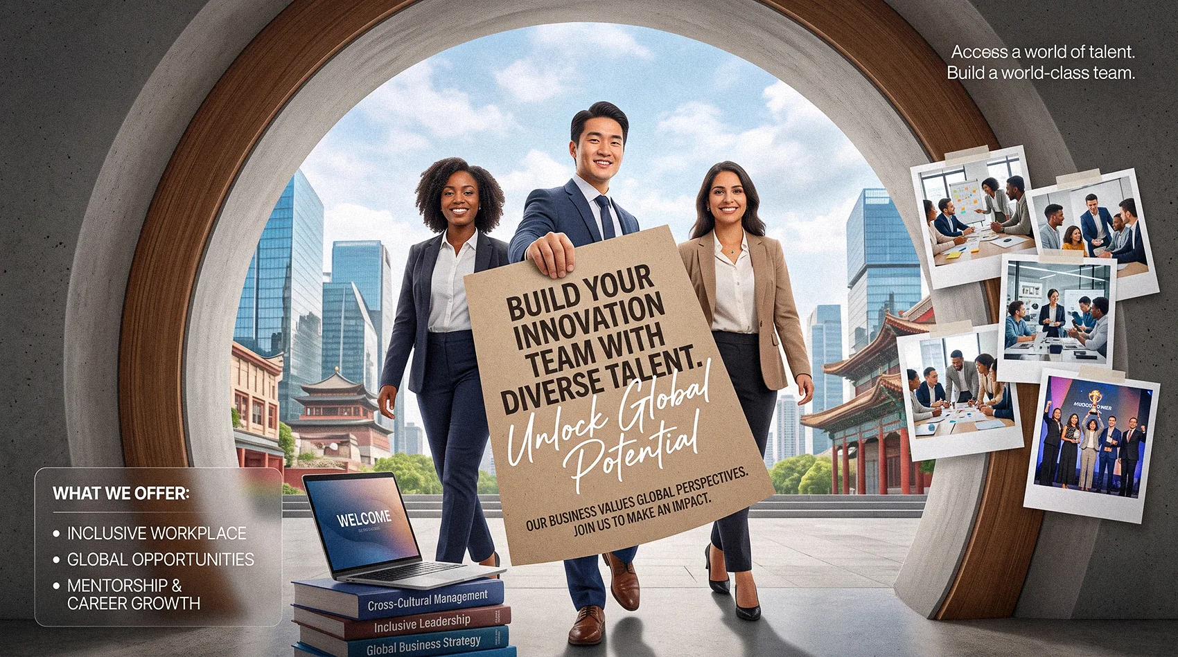 Three professionals hold sign Build Your Innovation Team with Diverse Talent for DEI global recruitment program.