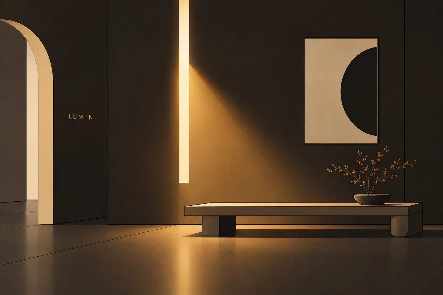 A quiet imaginary showroom wall with one slot light and amber pool of light beside a low bench