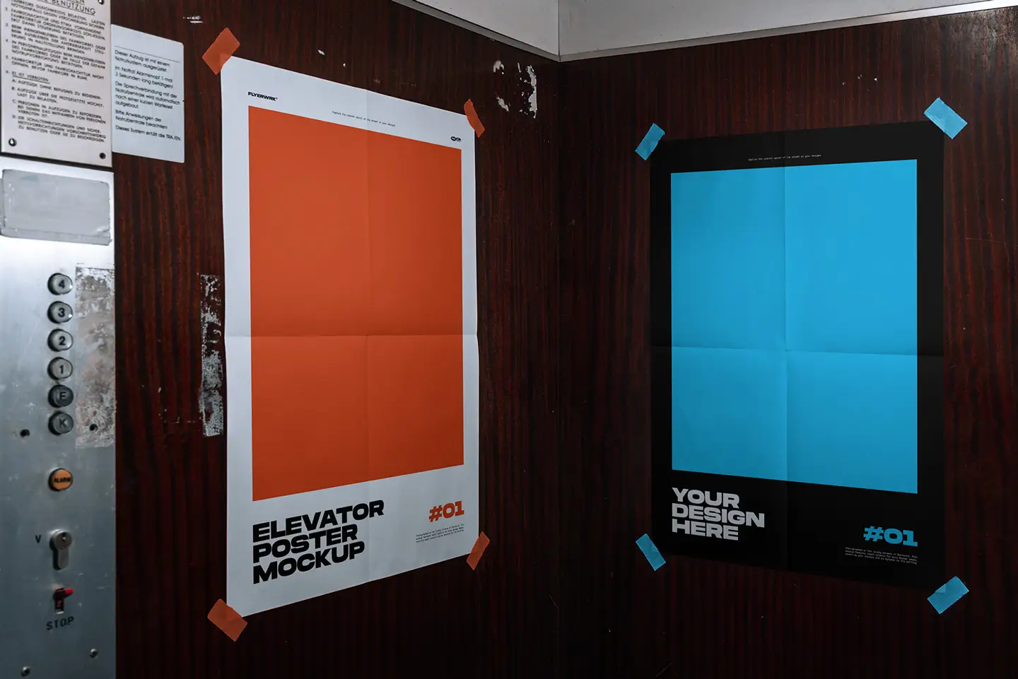 Elevator Poster Mockup featuring two taped A2 posters in orange and blue within an aged elevator interior
