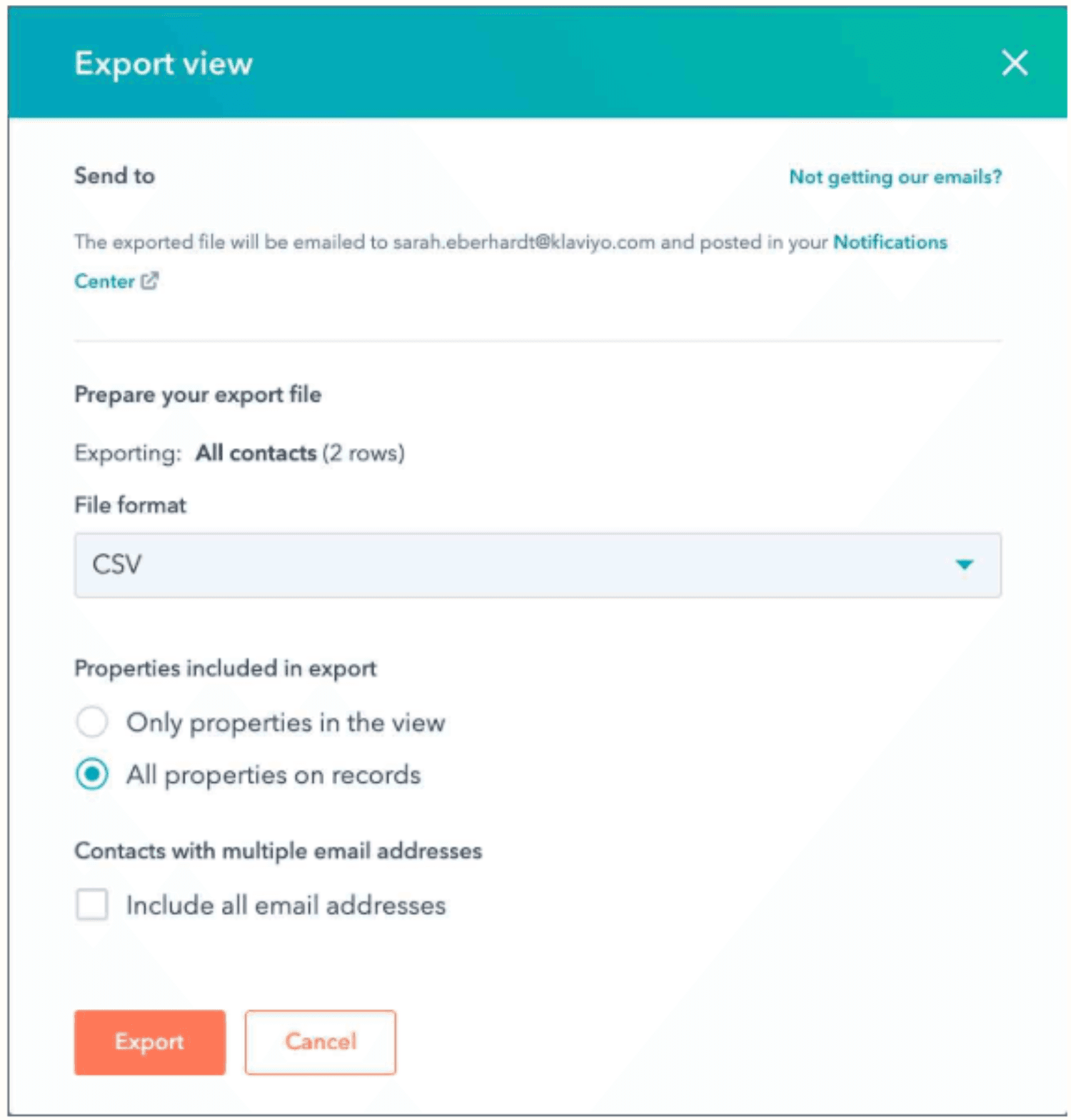 Export Contacts from HubSpot 2.png  Alt text: "HubSpot export window showing CSV export options for all contact properties."