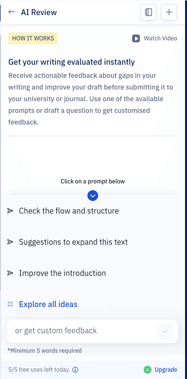 Paperpal AI Review screen showing prompts to check flow, expand text, and improve the introduction