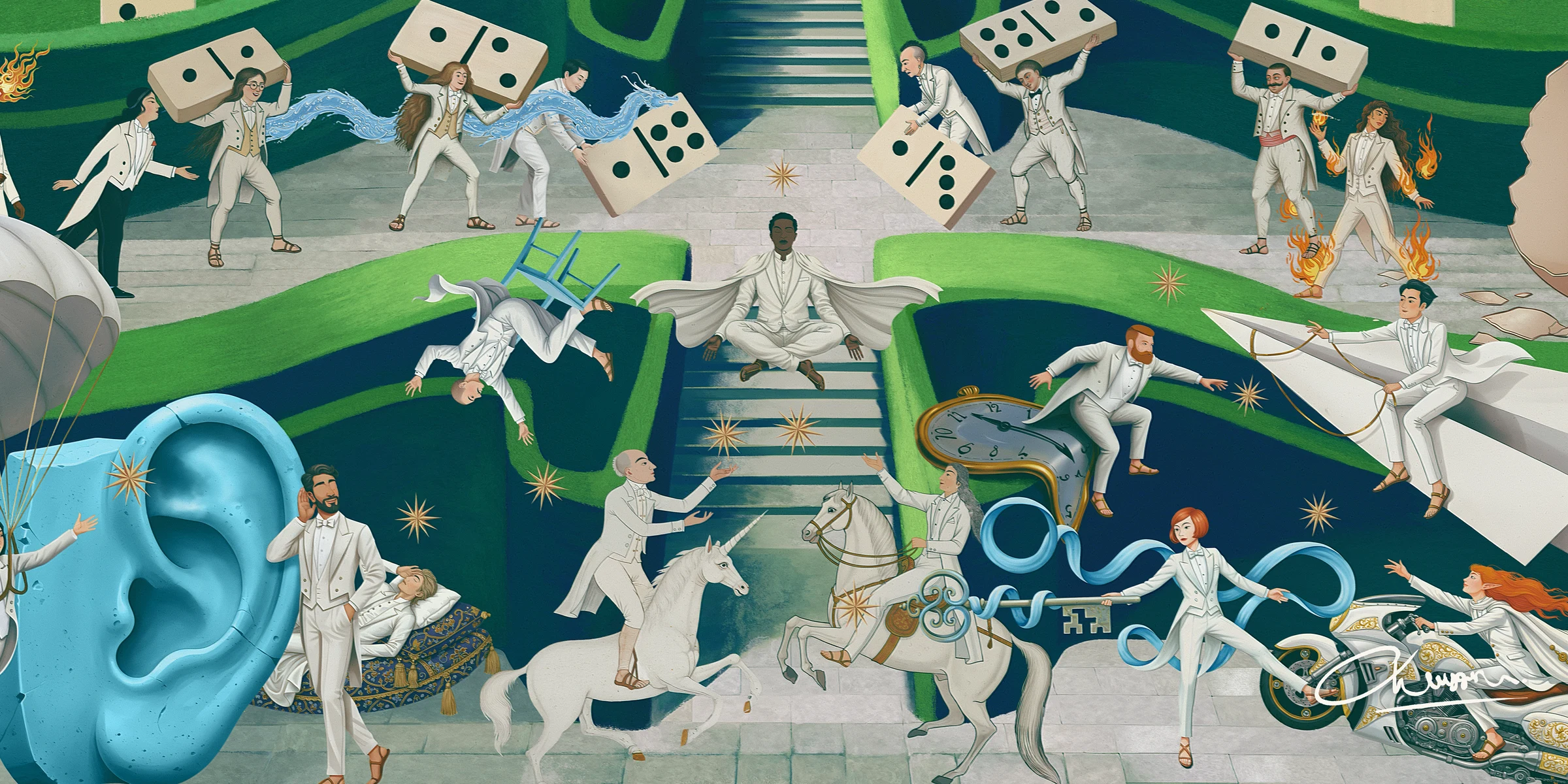 Floor one of the Garden of Eden: founders in white running in every direction among scattered stars