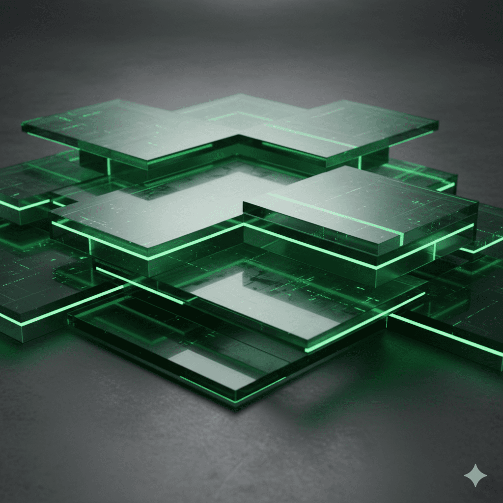 Abstract layers of translucent green glass representing the Tier-1 structural integrity and distributed cloud systems used by Qasimo Systems.