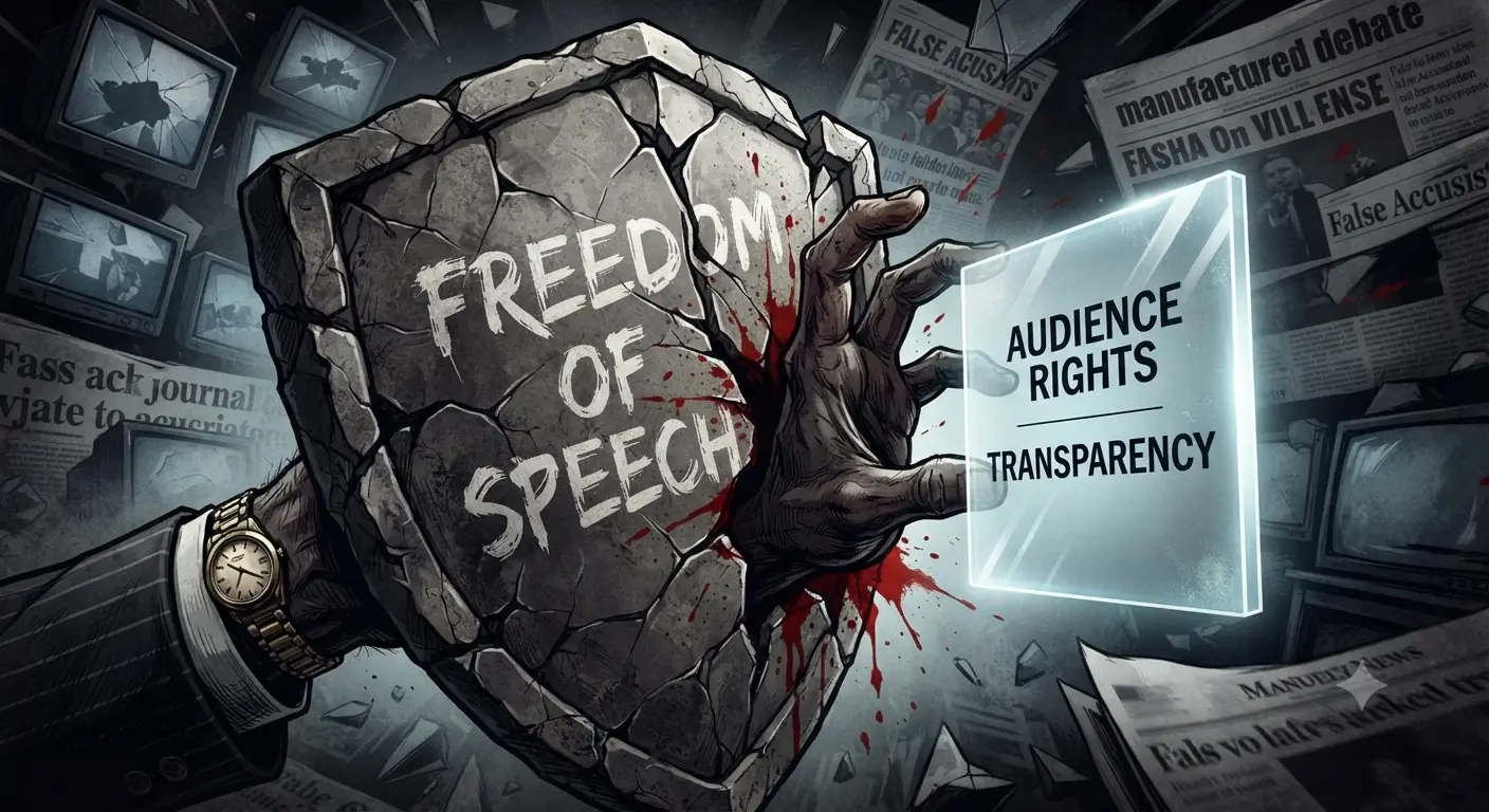 Illustration of freedom of speech shield protecting audience rights and transparency.
