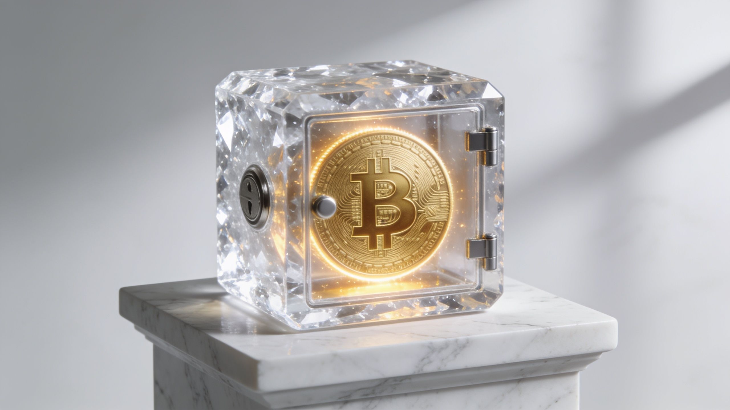A glowing Bitcoin coin secured inside a transparent crystal safe sitting on a white marble pedestal.