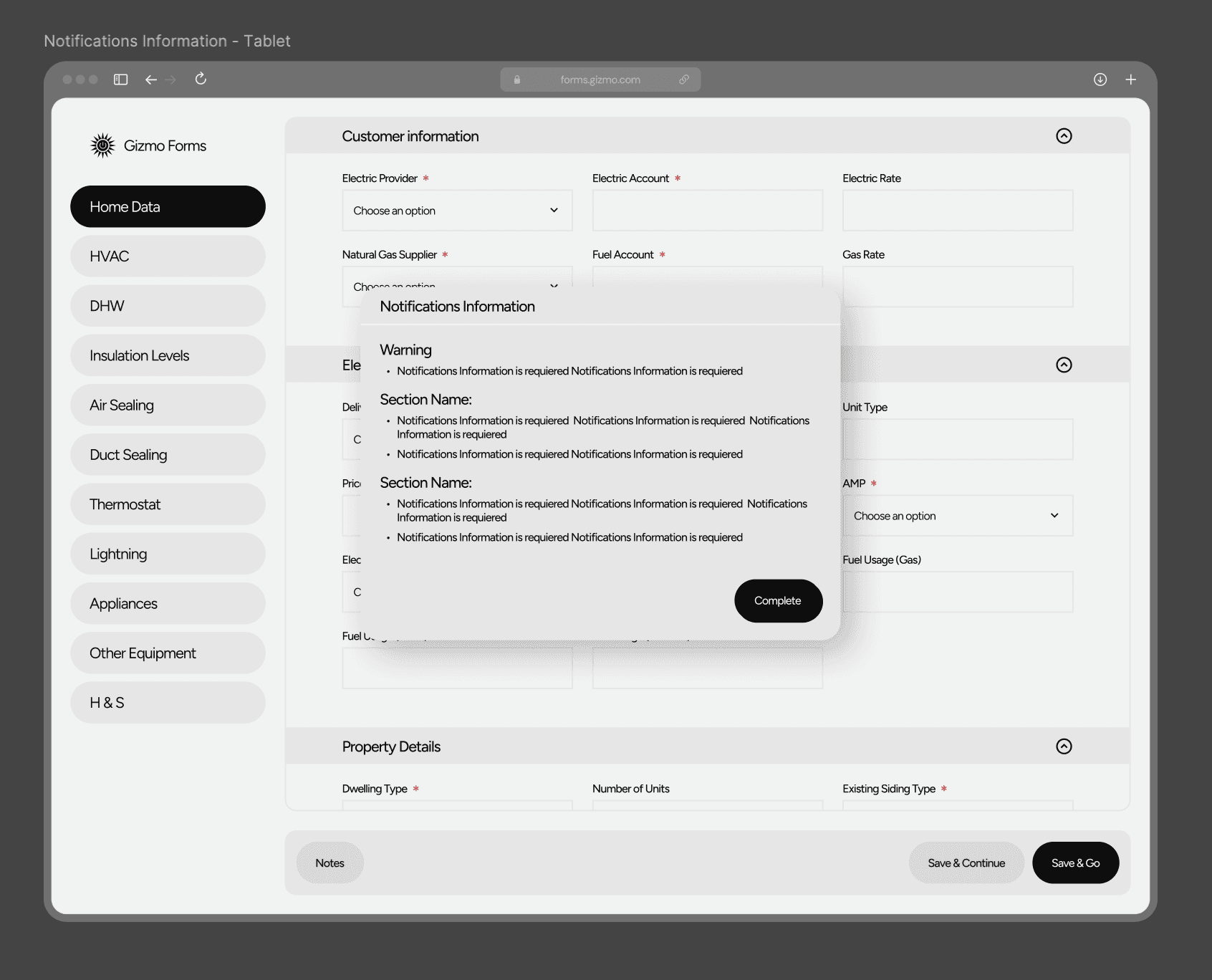 HEA Form Web. Desktop version notification screen