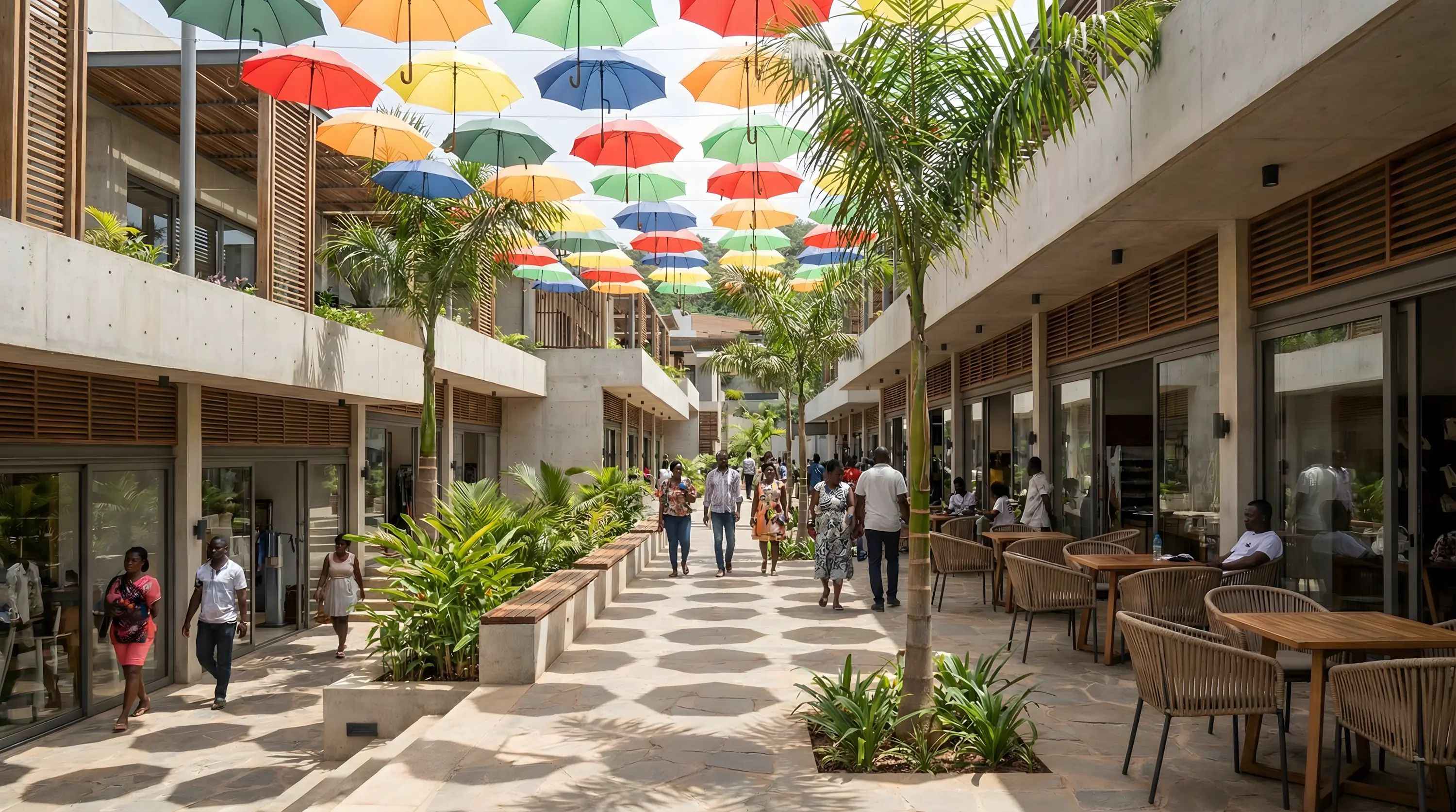 Rendered town square walkway lined with shops and cafes beneath a canopy of coloured umbrellas