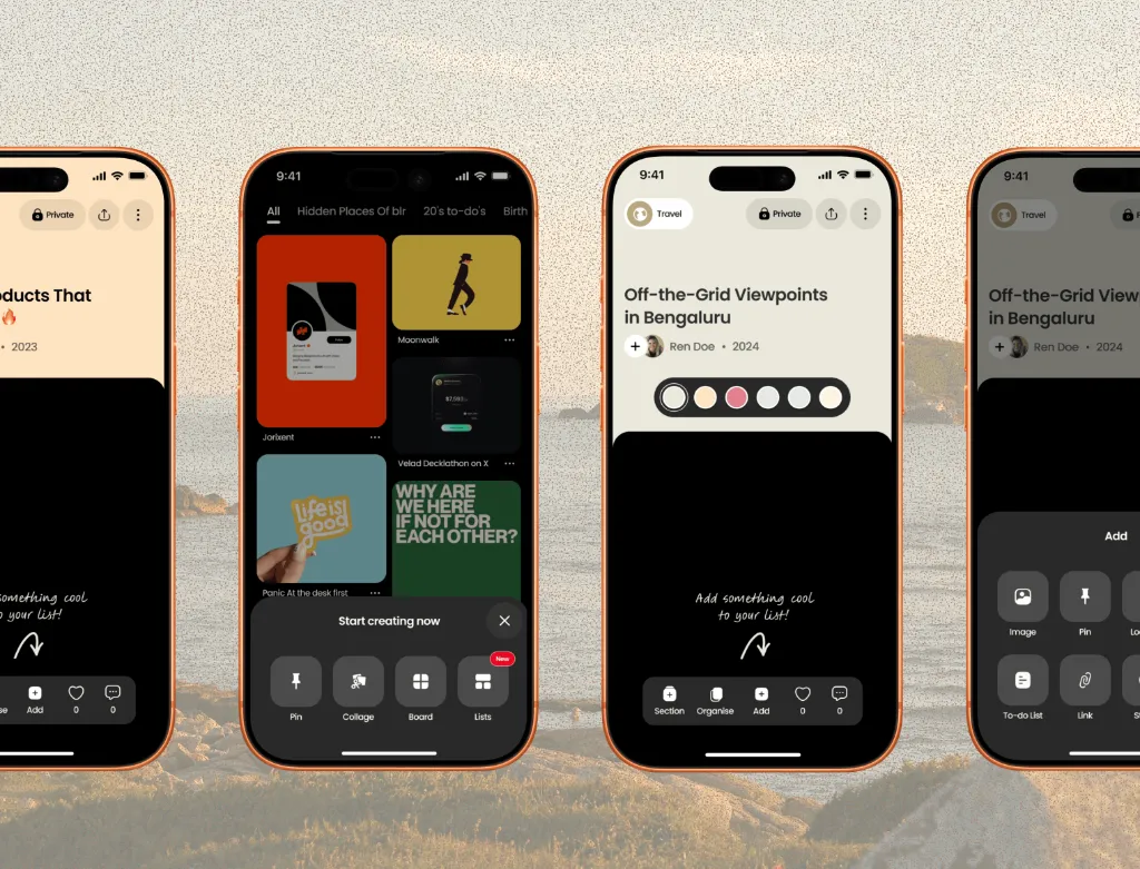 Four smartphones displaying various apps with text and icons.