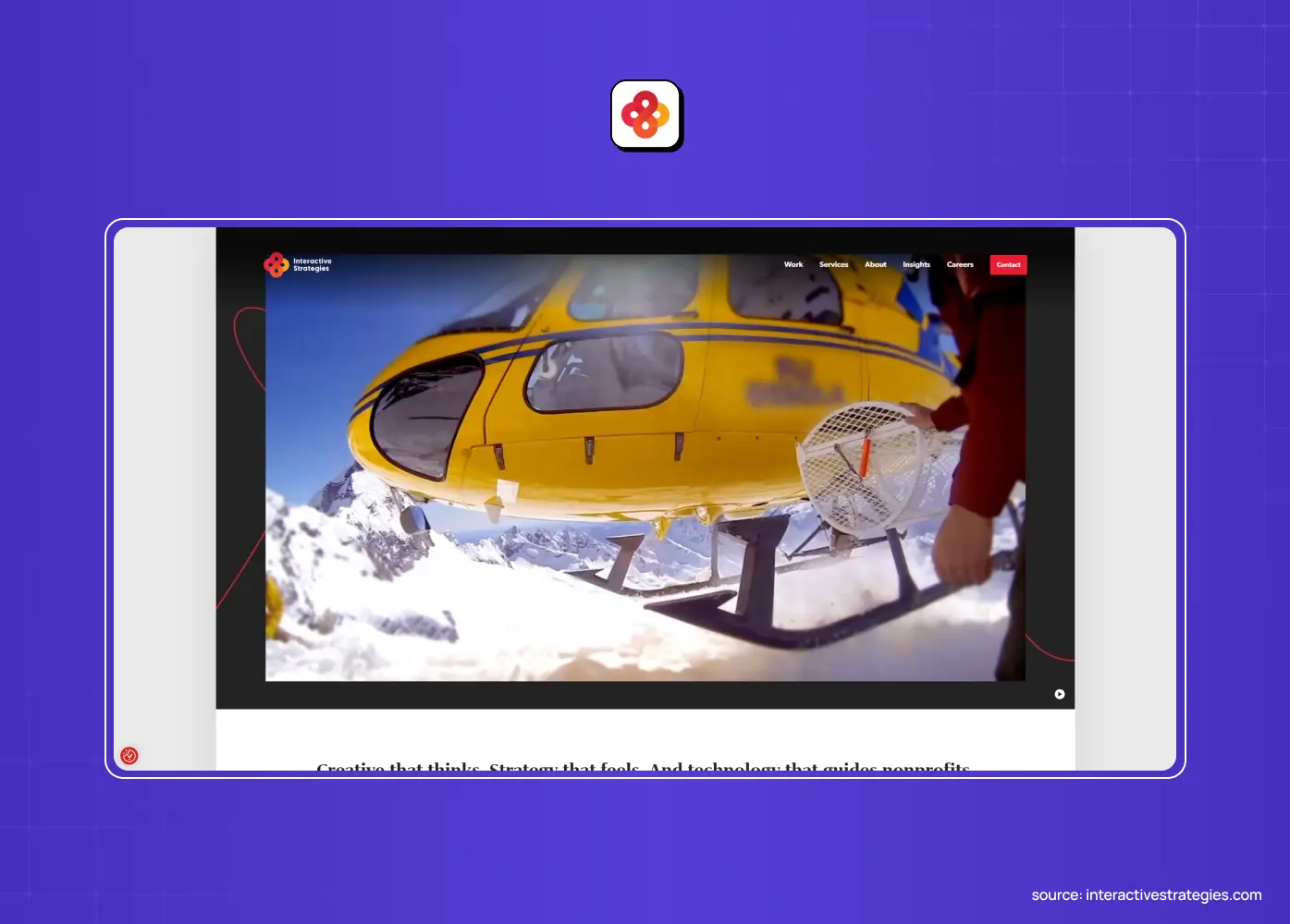 Interactive Strategies website featuring a large video of a yellow helicopter landing in a snowy mountain environment.