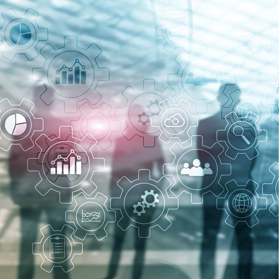 Silhouette of people with transparent graphics of graphs and other icons