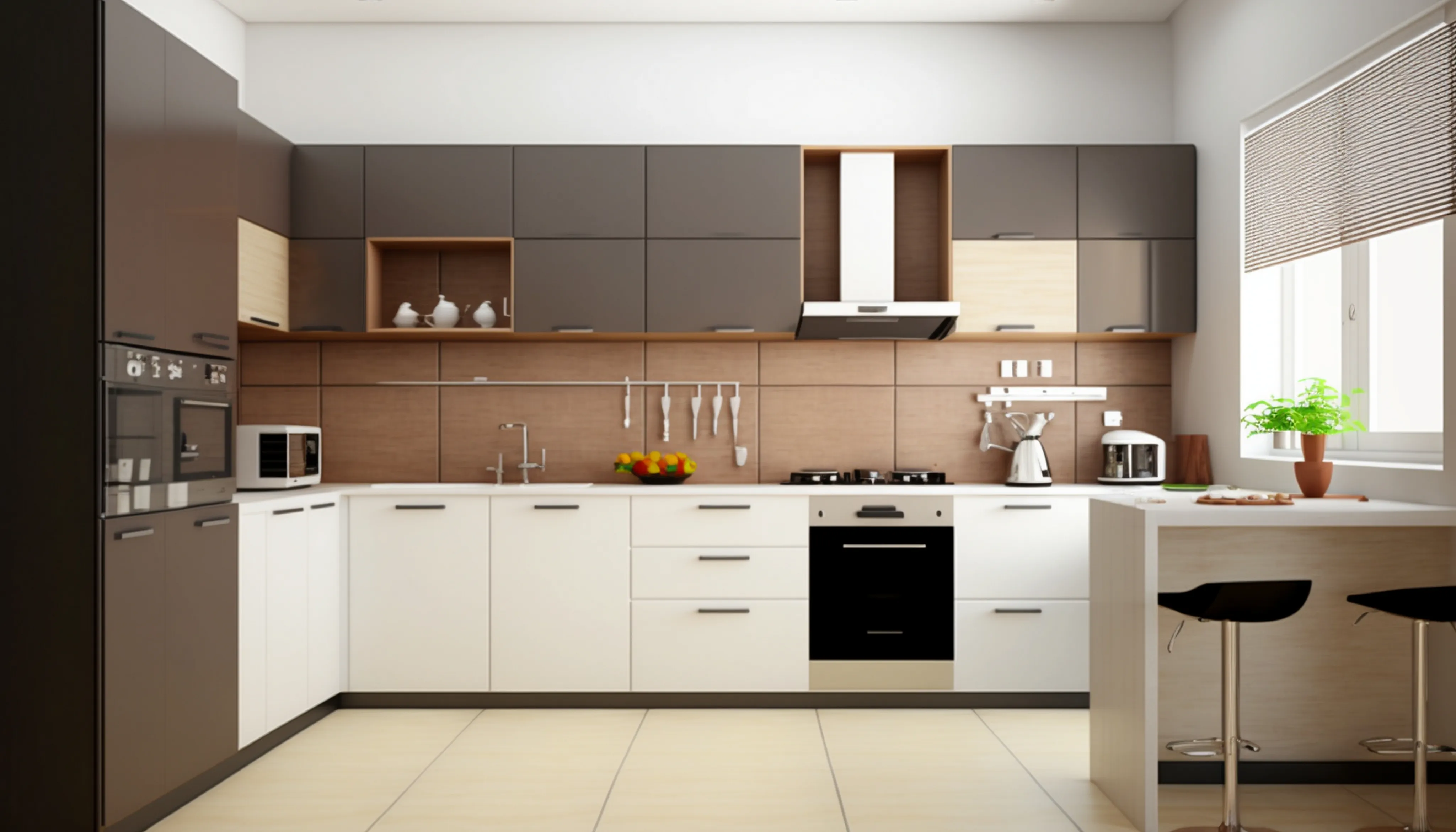 Modern kitchen with sleek cabinets in gray and beige, white countertops, and stainless steel appliances. Bright, minimalist, with a breakfast bar and stools.