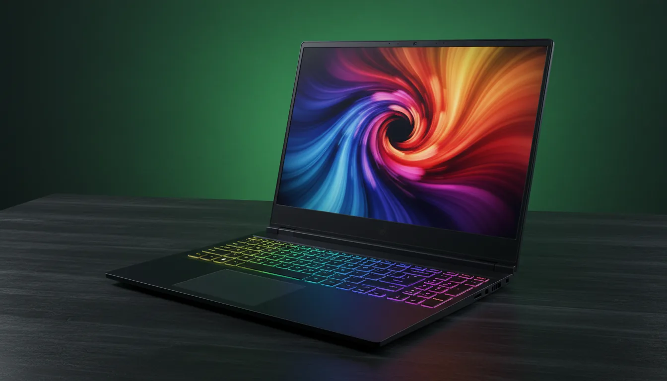 DSLR product photography of a sleek, matte black Razer laptop on a dark wood grain desk, angled three-quarters towards the viewer. The laptop screen is illuminated with a vibrant, swirling abstract vortex of rainbow colors. The keyboard features multi-colored RGB backlighting. The scene is lit with cinematic studio lighting, with a strong, vibrant green glow cast on the background wall, creating a dramatic contrast with the dark desk. Sharp focus, high-end commercial aesthetic.