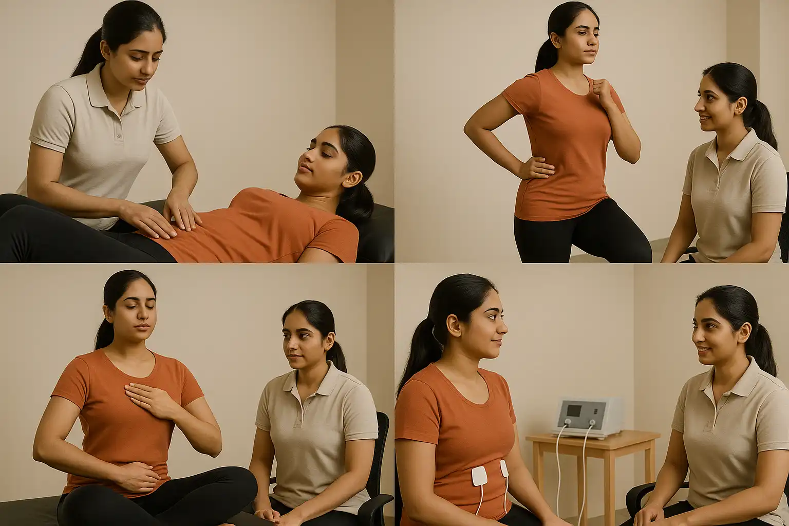 Pelvic floor physiotherapy collage including abdominal assessment, posture correction, breathing retraining, and electrical stimulation therapy.
