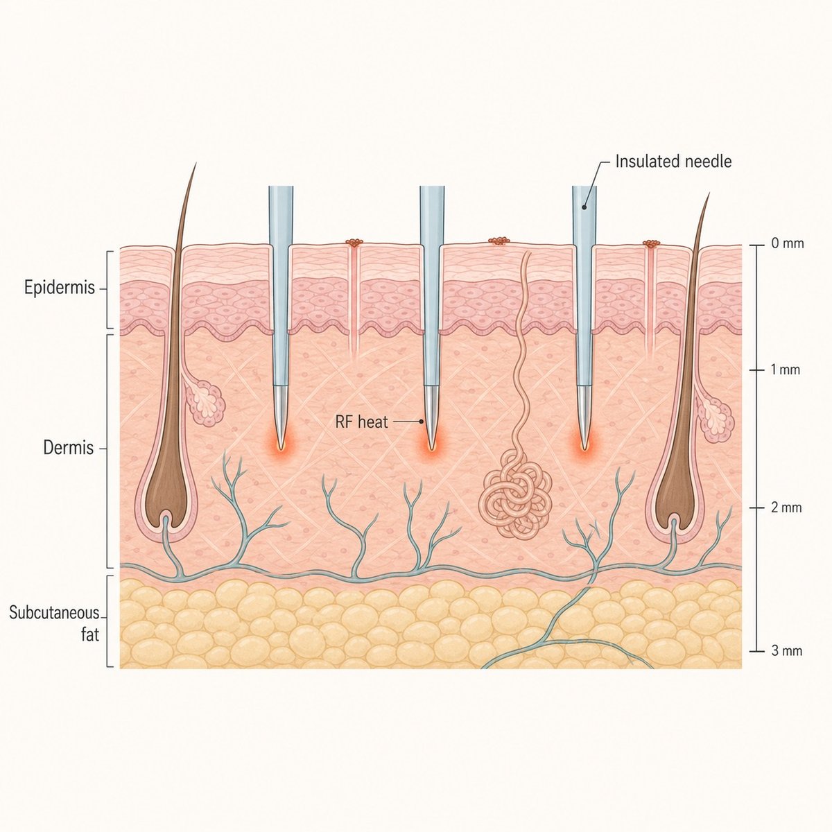 Cross-section diagram of Secret RF insulated needles creating micro-channels in the dermis