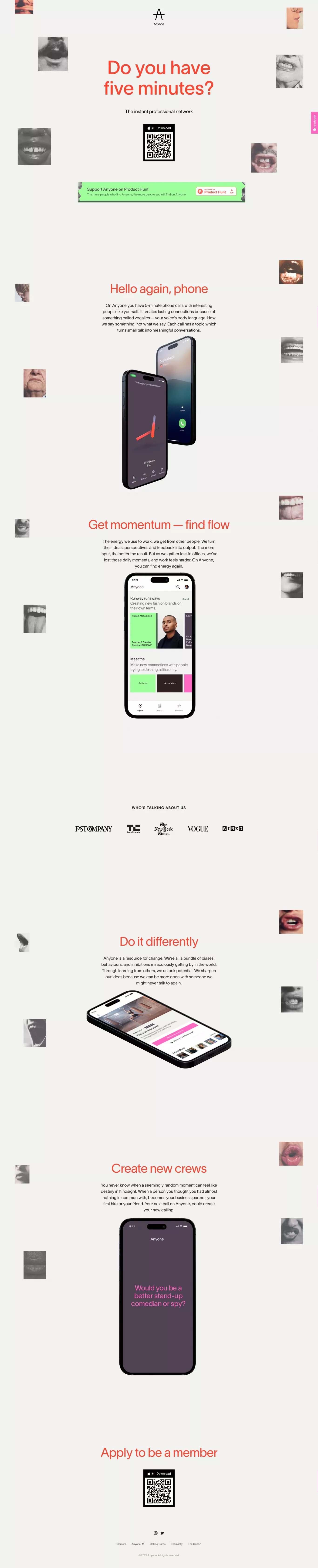 Anyone - the instant professional networ landing page screenshot showcasing Tech design