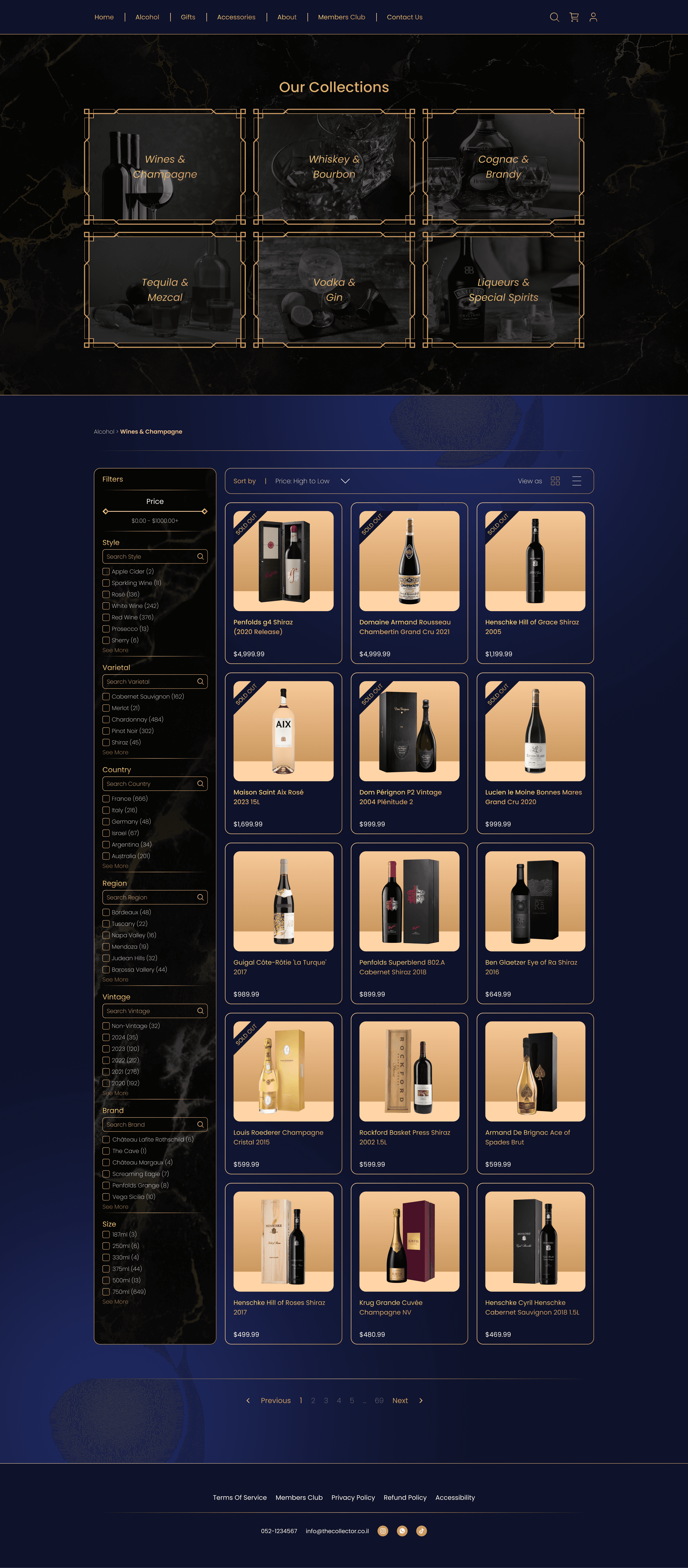 Luxury spirits ecommerce collection page featuring premium wine, champagne, whisky, and liquor product listings.