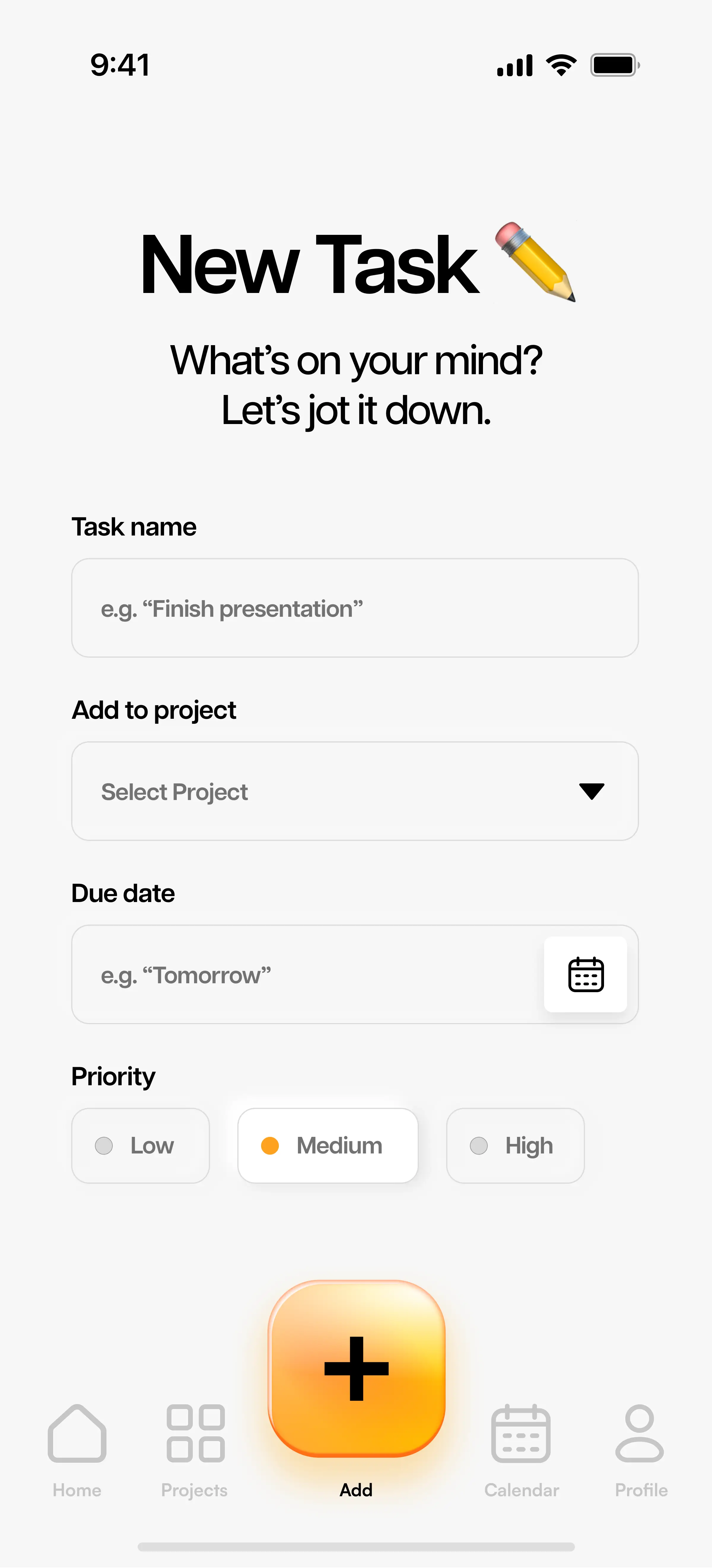 New Task screen with input fields for task name, project selection, due date, and priority, and navigation icons along the bottom.