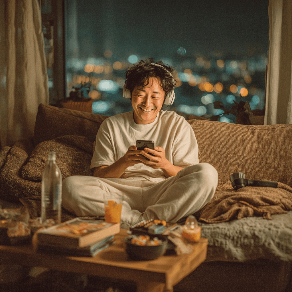 Man talking to AI agent on phone happily