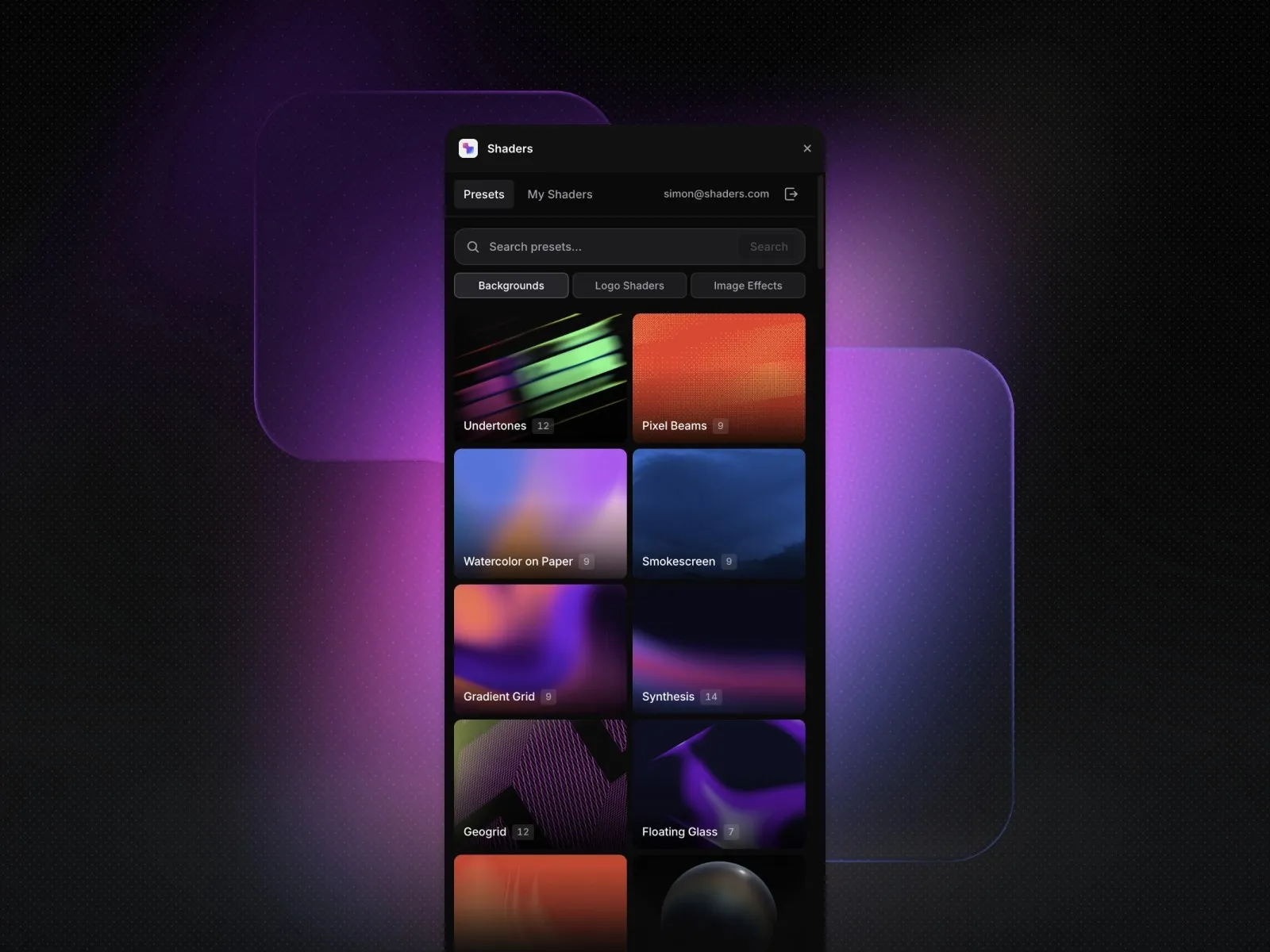 UI displaying shader presets with colorful gradient thumbnails.