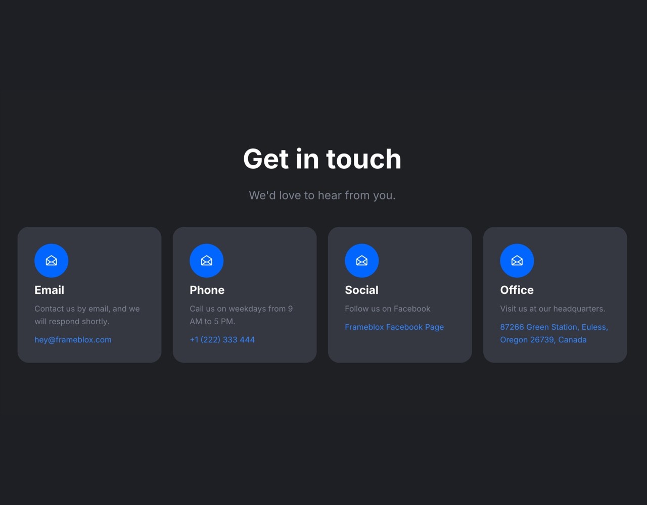 Framer Dark Contact Section - Frameblox UI