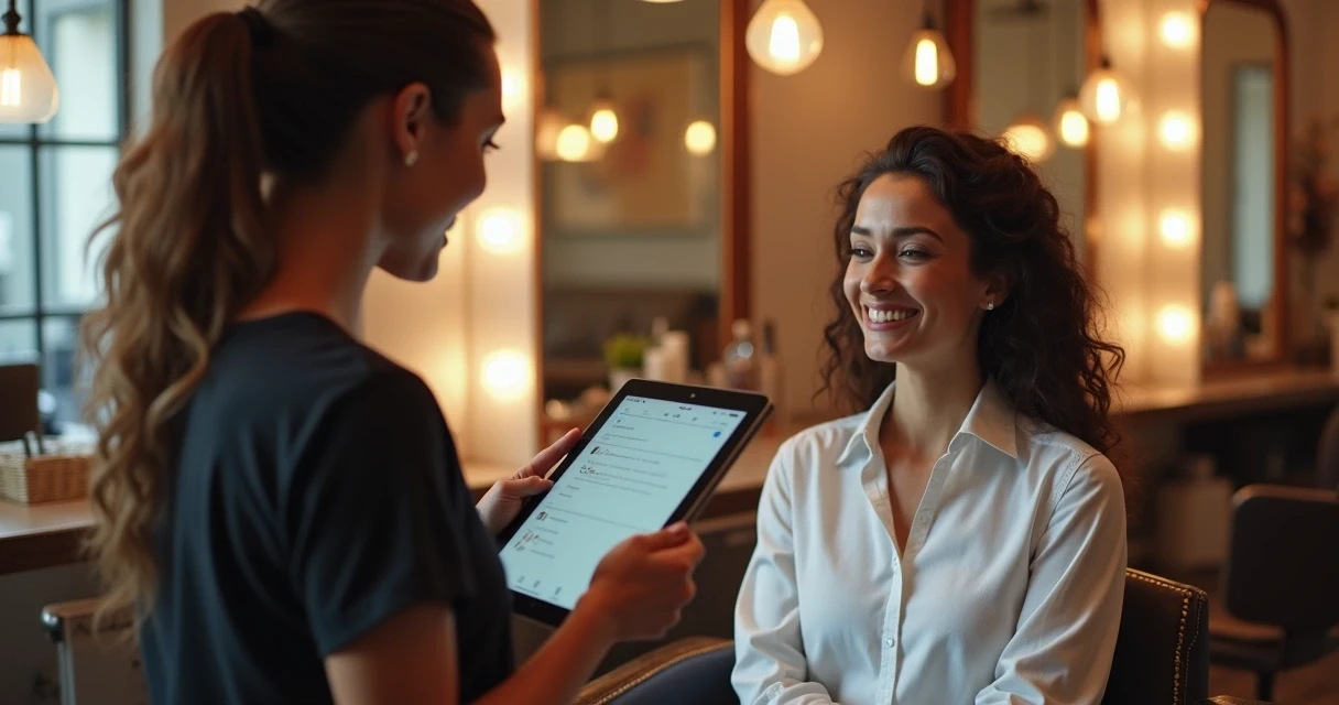 Cliente de salão de beleza feliz após atendimento bem-sucedido