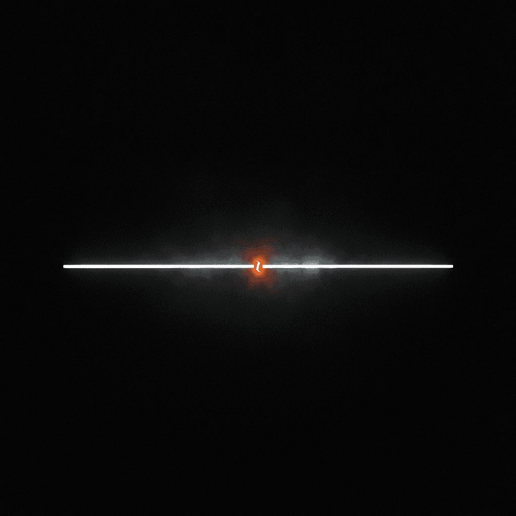 Single thin line of cool light bisecting darkness, broken at center glowing orange