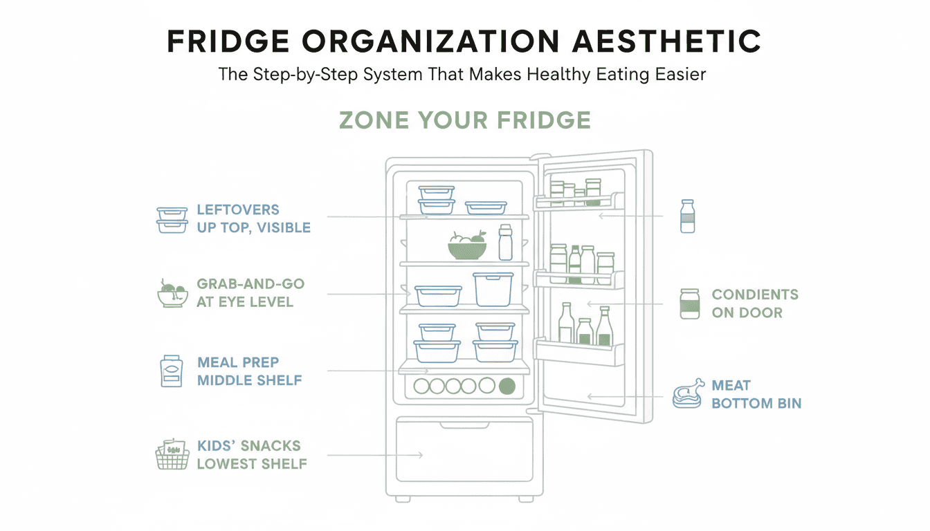 Organized refrigerator interior with clear containers of prepared meals, labeled "RAW MEAT" bin, fresh fruits and vegetables in crisper drawers, jars and condiments on doors, eggs, milk and orange juice for meal prep and food storage.